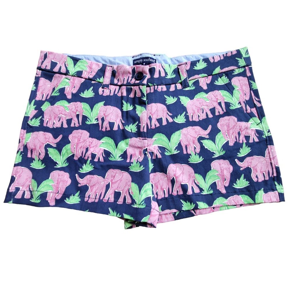 Simply Southern Pink Elephant Print Chino Shorts Women's 8